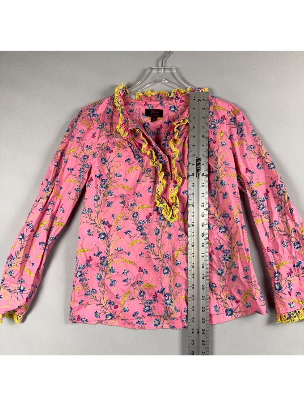 J.Crew Poplin Ruffle Blouse Size XS 100% Cotton Pink Wheat Bouquet Floral Print - Picture 9 of 13